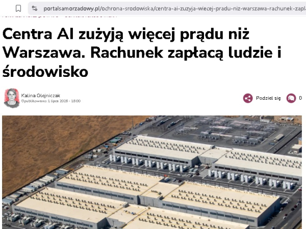 Centra AI zużyją więcej prądu niż Warszawa. Rachunek zapłacą ludzie i środowisko